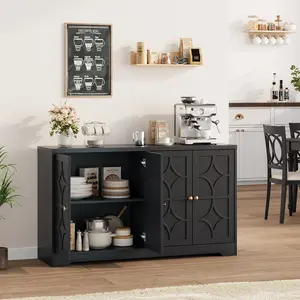 Sideboard Buffet Cabinet, 55", 4 Carved Doors Sideboard Buffet Cabinet with Adjustable Shelves, Modern Credenza Coffee Bar Console Table with Gold Handles or Living Room Kitchen Entryway