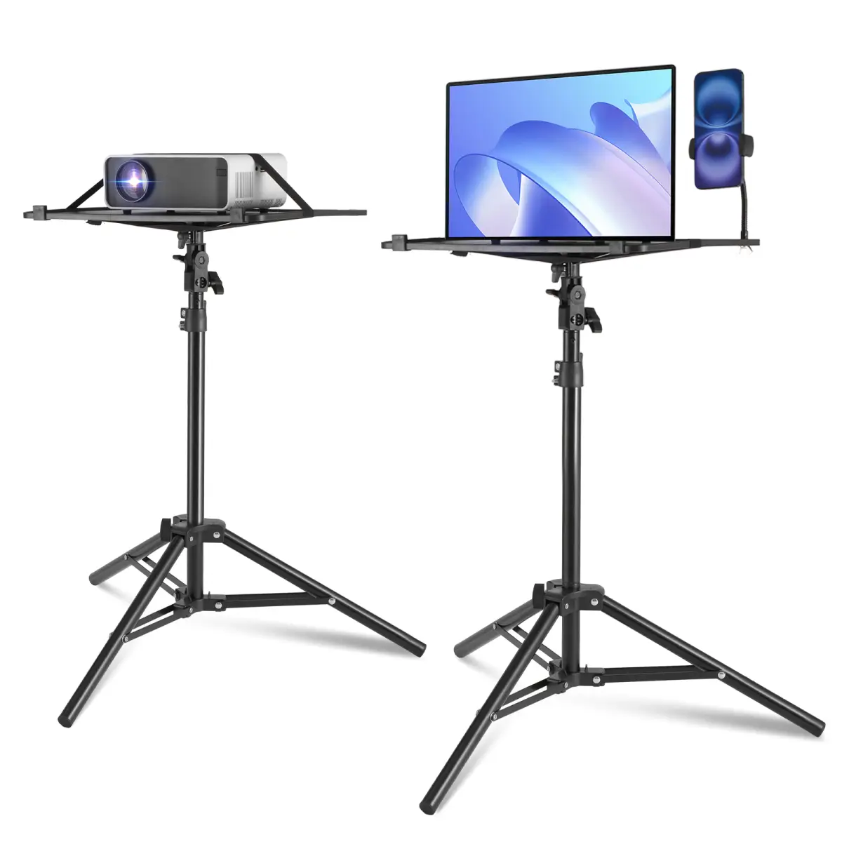 Projector Stand, Laptop Stand Tripod Adjustable Height from 26.97 to 63 in, Portable Projector Tripod Stand with Tray & Gooseneck Phone Holder, for Outdoor Movies, Home, Office, Stage or Studio On-Site