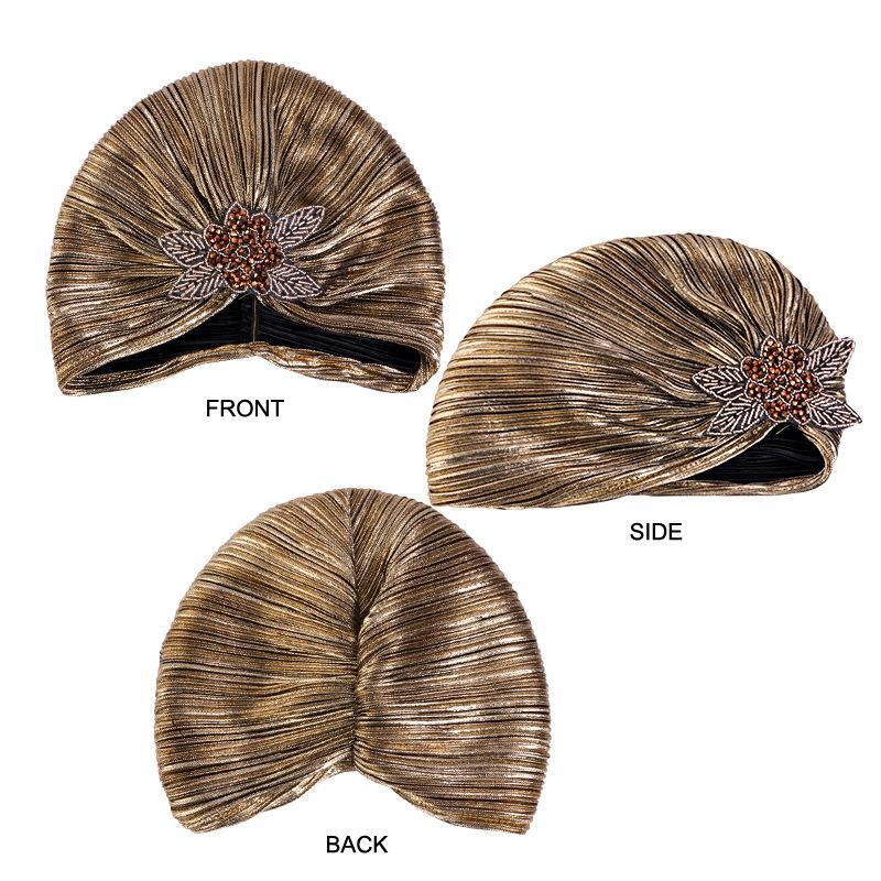 Clover Rhinestone Gold Foil Pleated Turban, Ethnic Print Head Wrap Cap