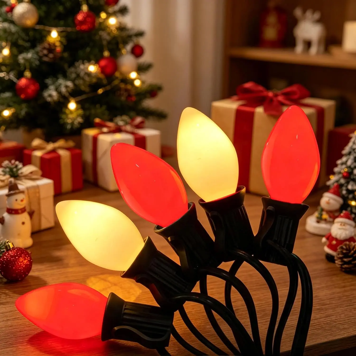 26Ft C7 LED Red and White Christmas Lights,  Christmas Decorations with 27 LED Ceramic Bulbs, Connectable  String Lights for Holiday Party Patio Roofline House Xmas Decor, Green Wire