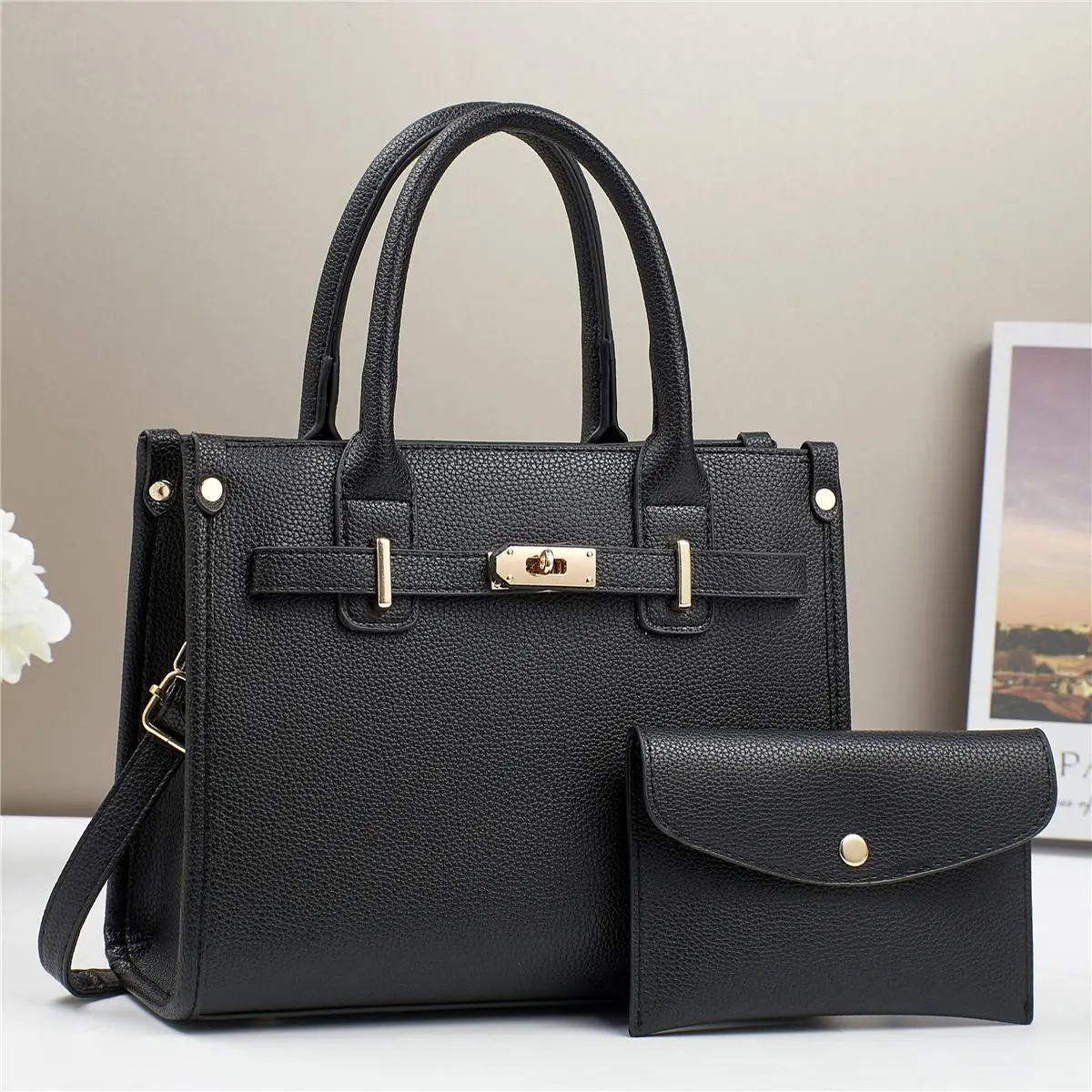 Women's Fashion Casual Solid Color Large Capacity Handbag Two-piece Set, Imitation Leather Handbag, Matching Wallet and Purse, Shoulder Crossbody Bag, PU Leather quality woman, Style, Coin Purse