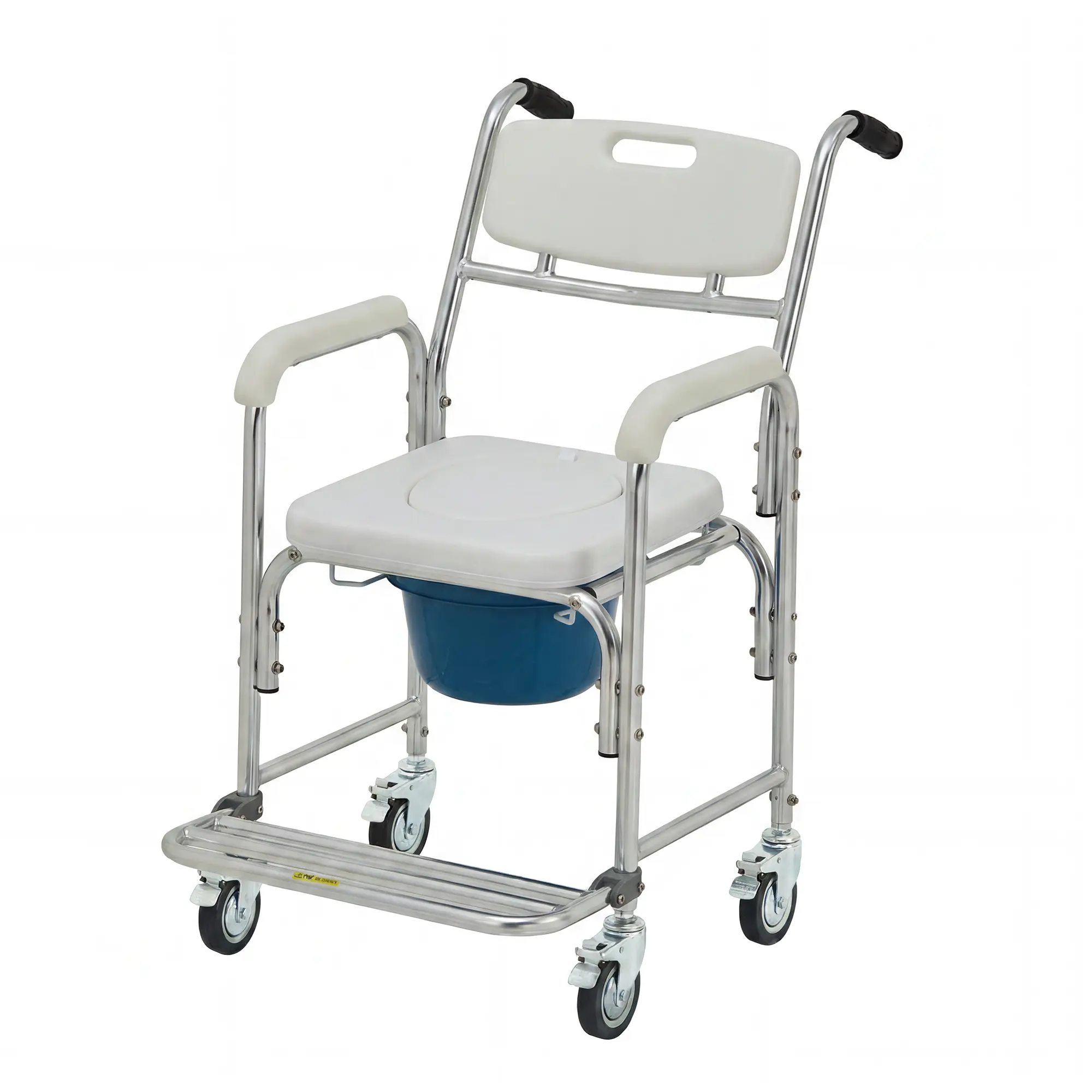 4-in-1 Bedside Commode Chair with Wheels – Adjustable Height, Padded Seat & Backrest, Turn-Up Footrest, Removable 5L Bucket with Splash Guard – Rolling Shower Chair & Raised Toilet Seat – Supports 350 lbs