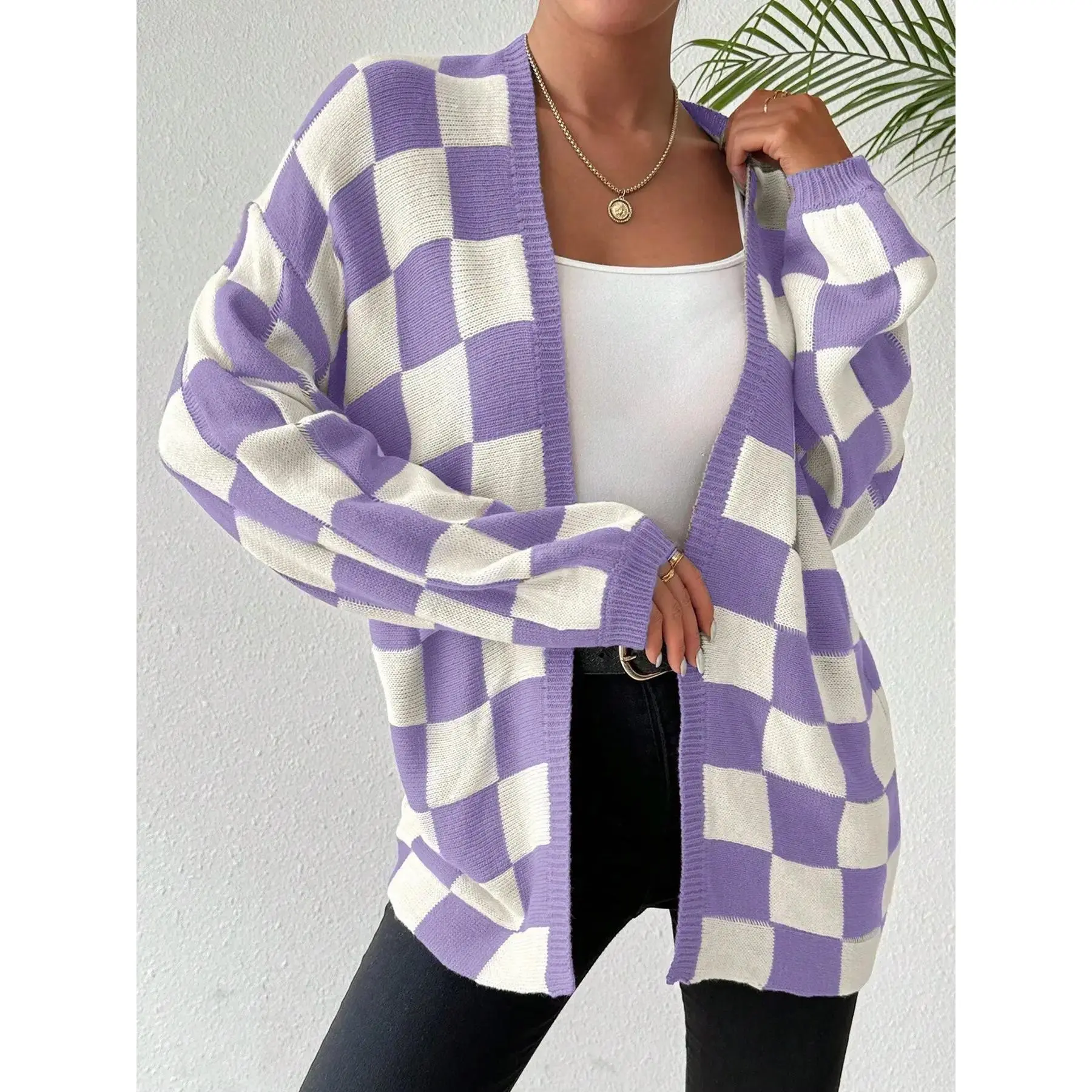 Women's Colorblock Plaid Checkerboard Loose-Fit Sweater Cardigan, Soft Comfortable Fashion Knitwear, Retro Casual Style Long Sleeve Pullover Coat, Womenswear