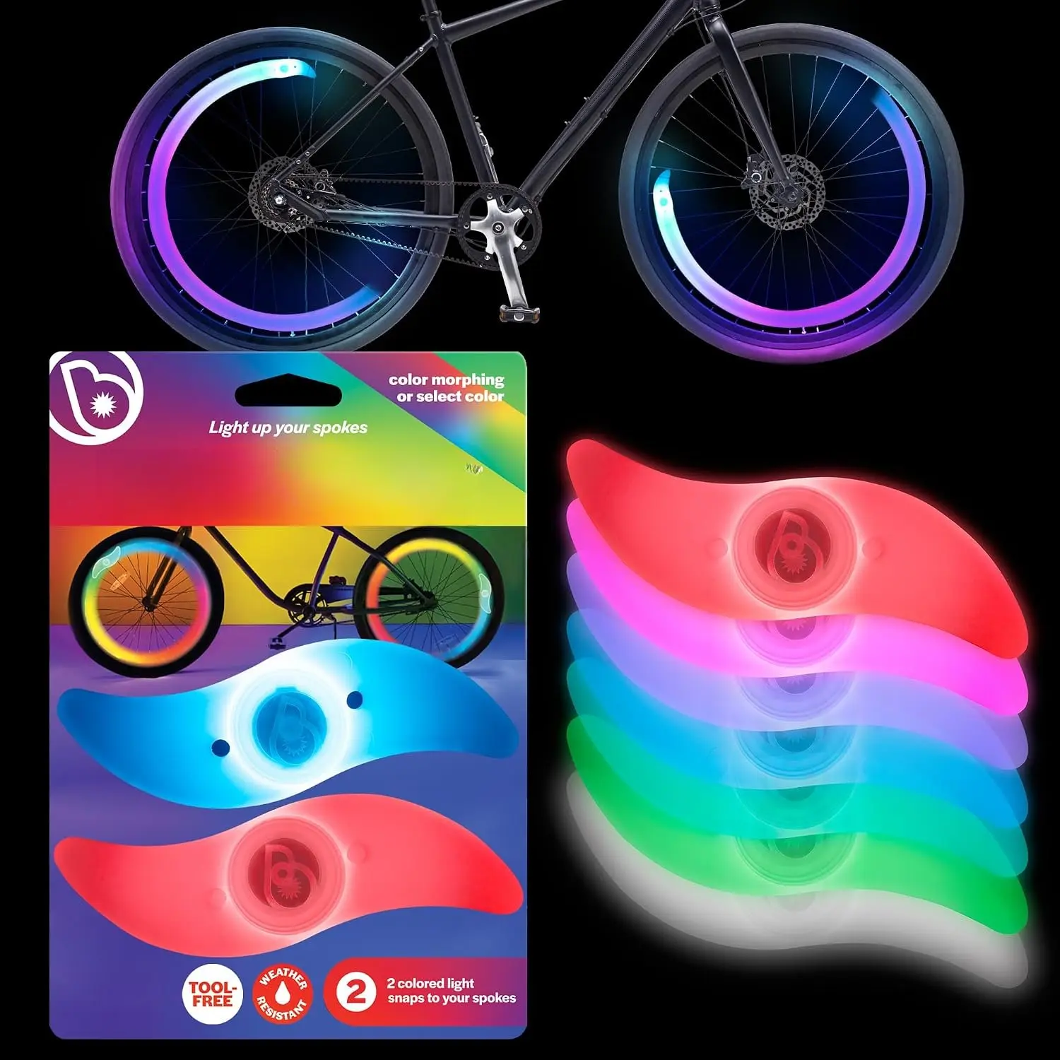 Spoke LED  Wheel Lights, 2-Pack - Color Changing & Color Select Modes - Light Up Your Spokes - Morph Through Rainbow Colors or Set to Red, , , Blue, Green, Teal, or White