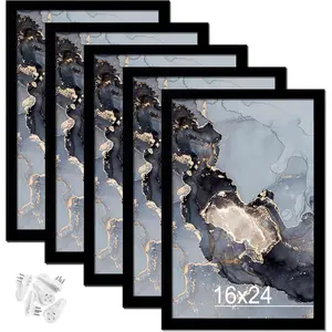 16x24 Picture Frame Set of 5, Black Poster Frames for 16 by 24 Poster Photo Canvas Certificate, High Transparent  Frame  Wall Desktop Horizontal Vertical 16 x 24