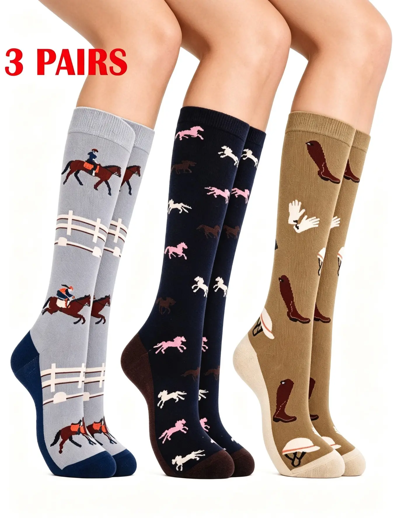 3 Pairs Women's Western Equestrian Print & Jacquard High-Cut Socks, Elastic Non-Slip Ankles, Breathable Fabric, Ideal for Riding & Outdoor Activities