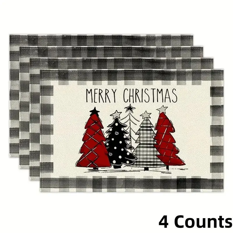 Christmas Themed Placemat, 4 Counts/set Buffalo Plaid Christmas Tree Pattern Placemat, Washable Placemat for Holiday & Thanksgiving Table Decor