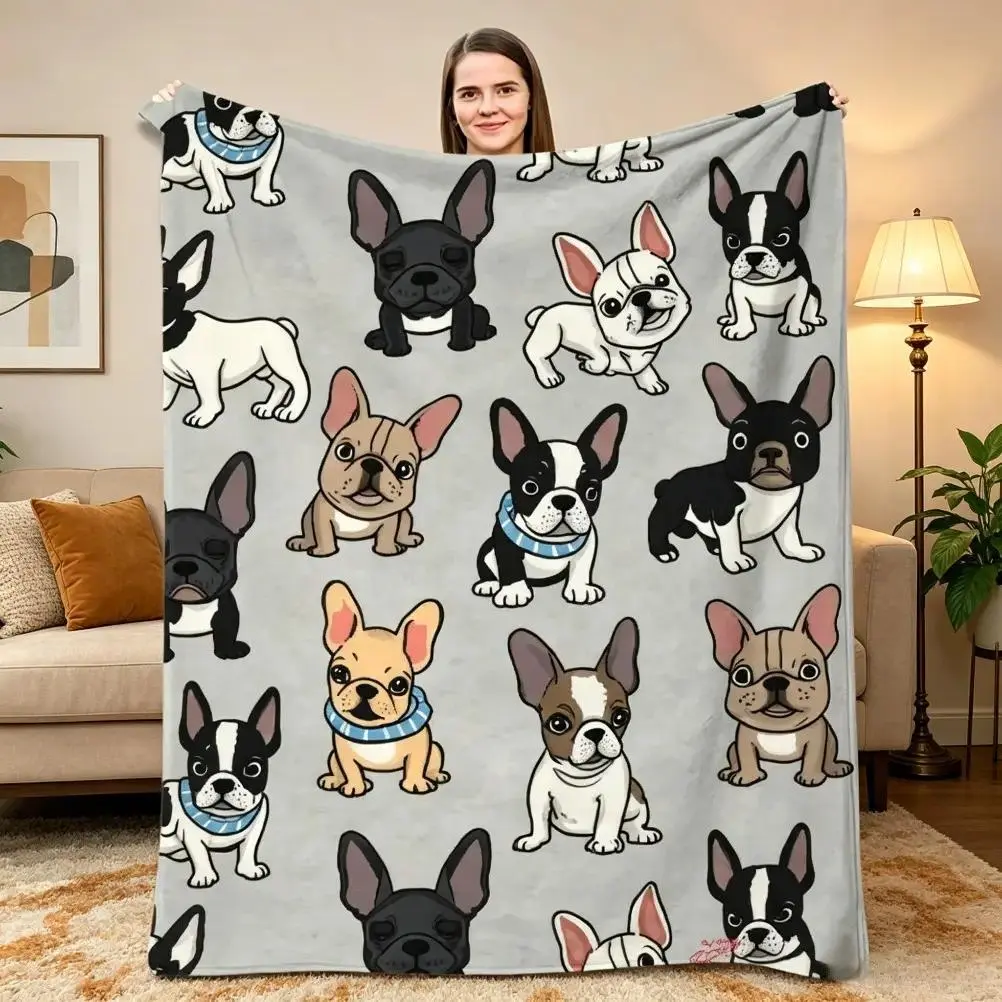 Retro French Bulldog Flannel Blanket, Cozy Frenchie Pattern Throw, Ultra Soft All-Season Couch Blanket for Dog Lovers