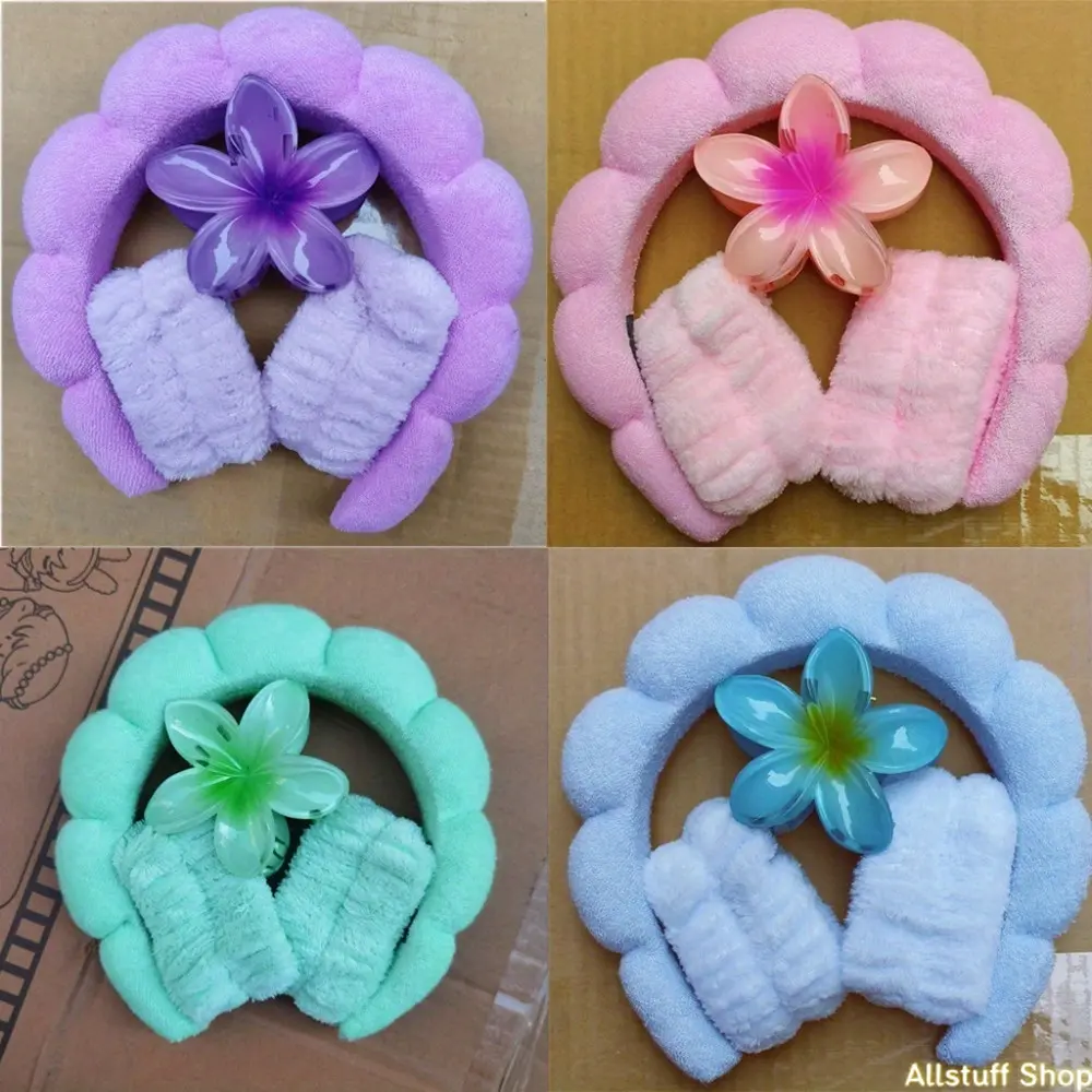 4Pcs Girls Sponge Spa Headband Wristbands With Large Flower Hair Claw Clip Gift  Hair Stuff Hair Accessories  With Delicate Box For Party Gifts And Daily Use Floral Hair Clip tiktokshopbacktoschool