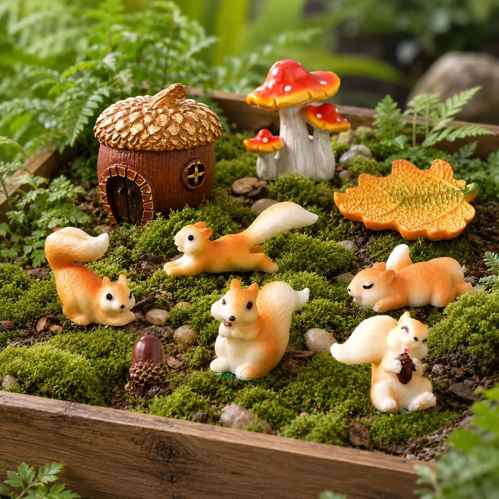 Fairy Garden Decor Set, 9 Resin Squirrel Statues, Mushroom Leaves & Pineapple House, Handmade Miniatures for Fantasy Garden Landscape, Garden Animal Statues