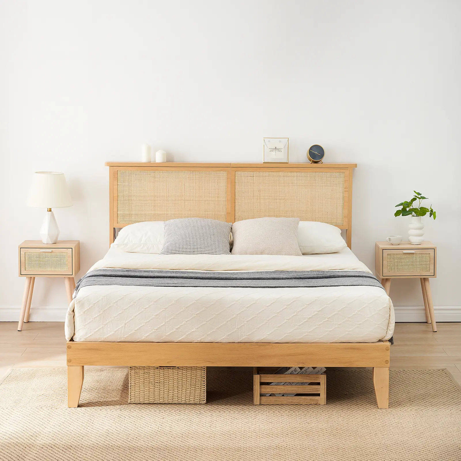 King Size Rattan Bed Frame,Bohemian Rattan Bed Frame King with Natural Headboard, LED Lights,No Box Spring Needed
