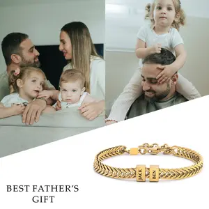 Loveden Personalized Name Fishbone Chain Bracelet - Custom Engraved Family Names Bangle, Father's Day Gift for Dad Grandpa Husband, Waterproof Stainless Steel Gold Plated Bracelet