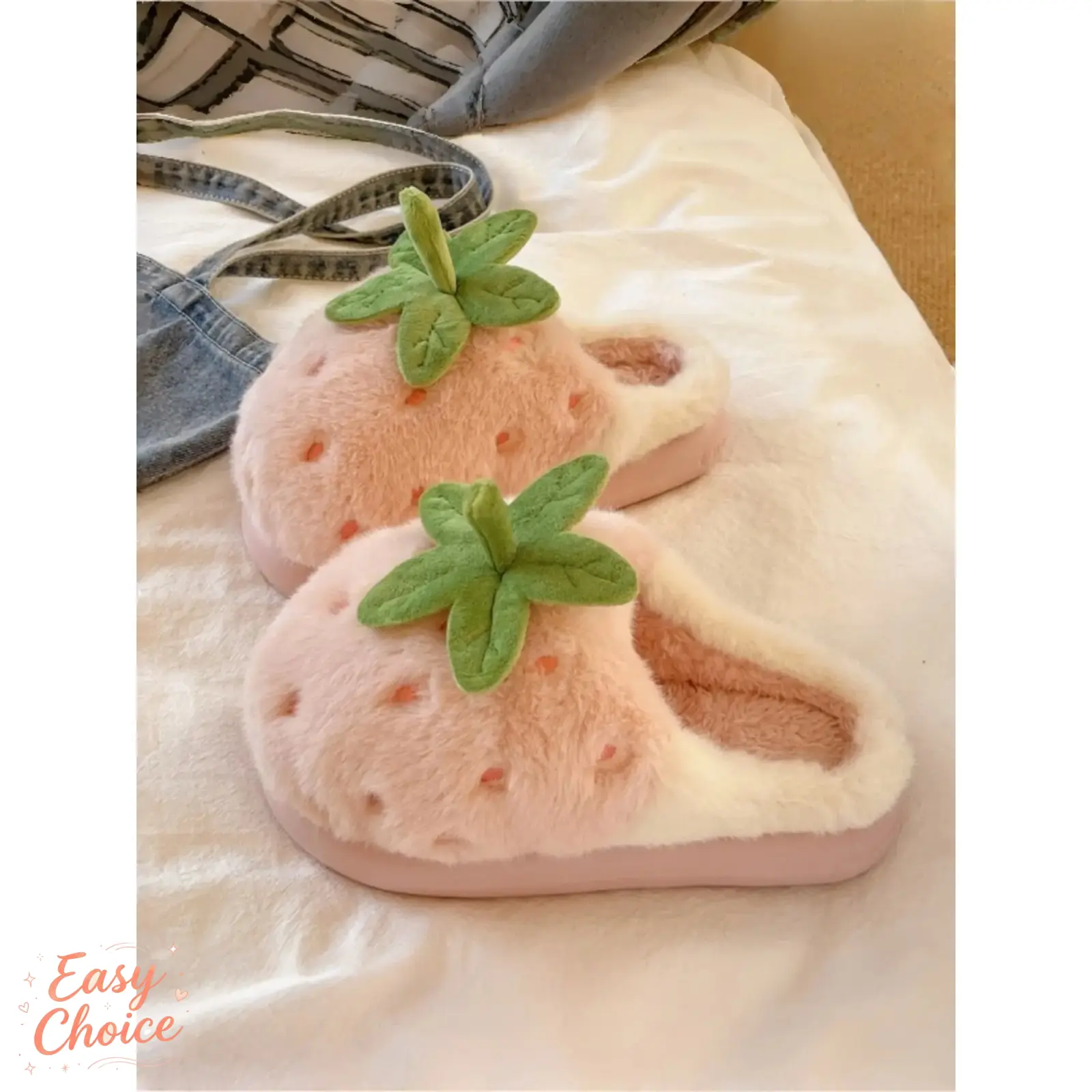 Women's Cute Strawberry Slippers, Fall Winter Warm Fuzzy Slip-Ons, Non-Slip Thick Sole, Comfortable Home Shoes, Fluffy House Slippers, Casual Home Slippers, Textile Upper, Rubber Sole