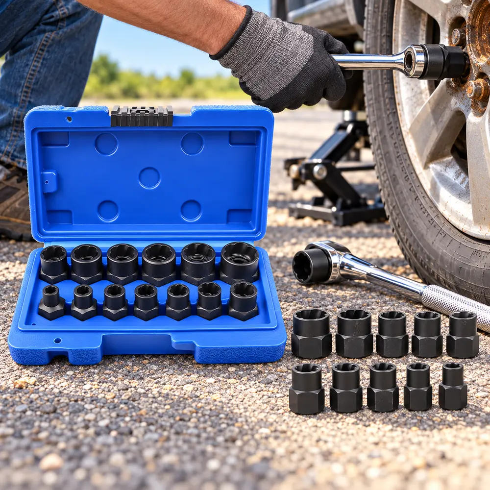 13-Piece Heavy-Duty Bolt & Nut Extractor Socket Set| 8-19mm Metric Spiral Sockets, 3/8" Drive for Impact Wrench, Remove Rusted & Stripped Bolts