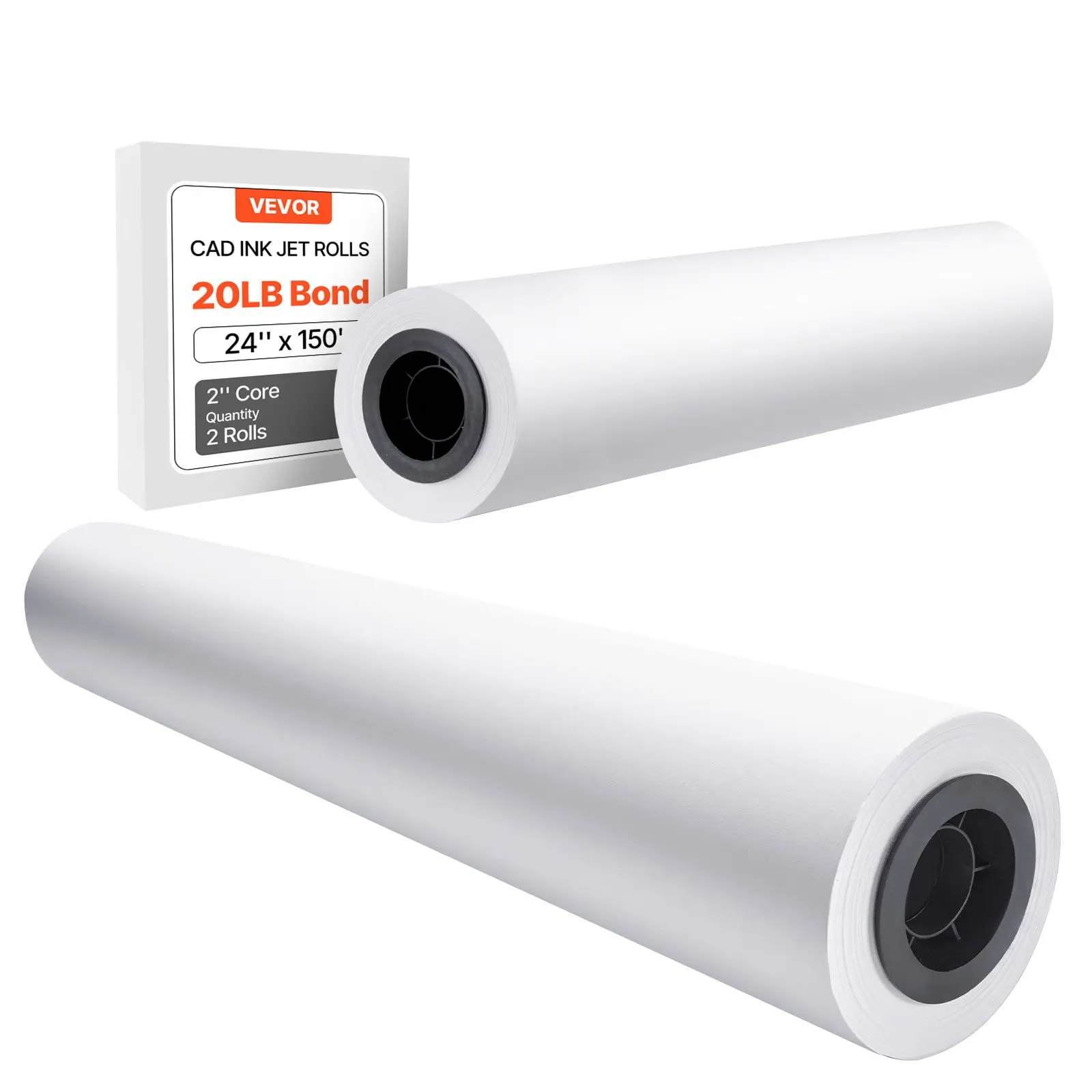 VEVOR Wide Format Plotter Paper Rolls (jsfl21080022p610) - 2 Packs, 24x150ft, 20 LB Pure Wood Pulp CAD Bond Paper, 2 in Core, Double-Sided, Plotter Printer Compatible, Ideal for CAD Prints, Architectural Designs