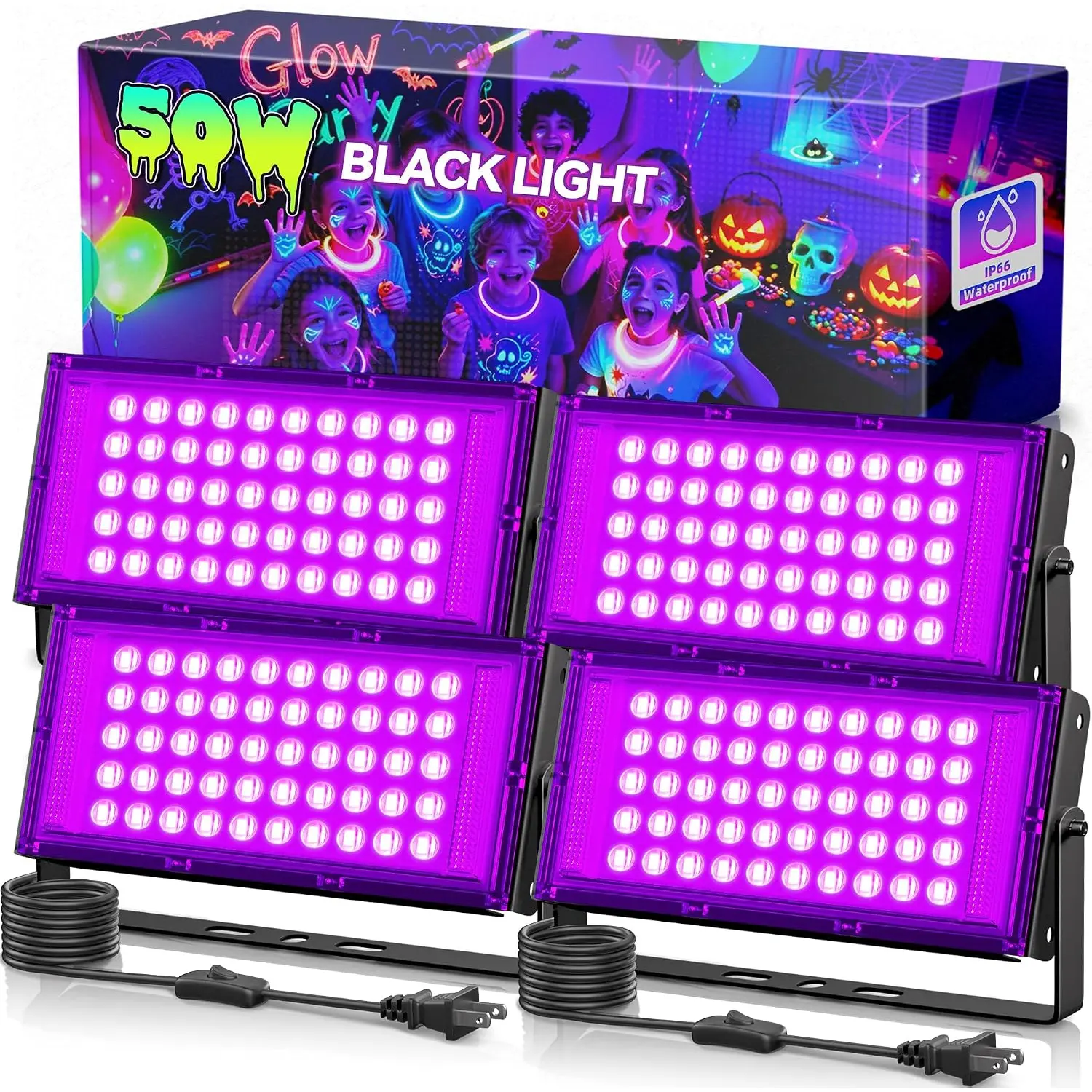4 Pack 50W LED Black Light, Waterproof Blacklight for Glow Party, Halloween