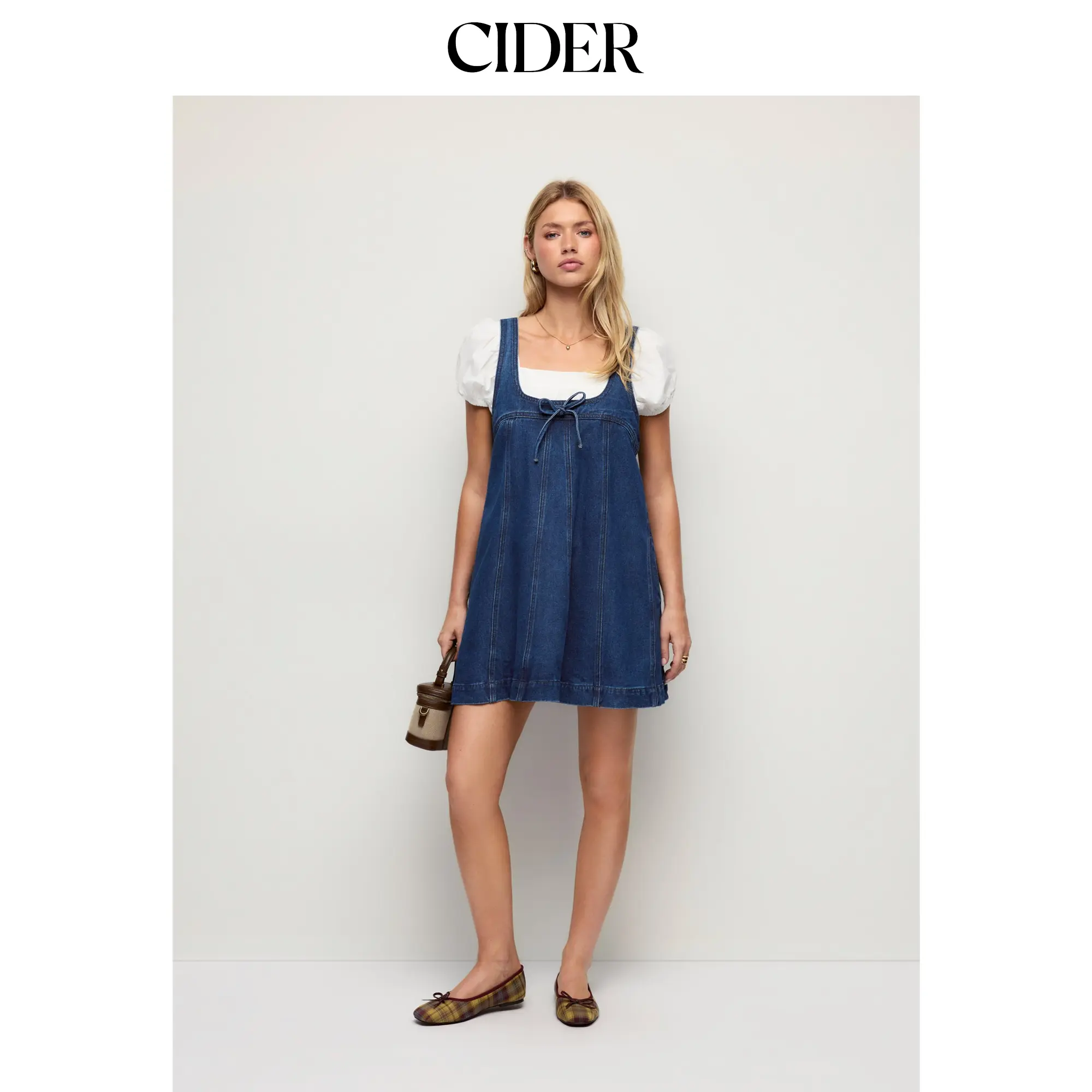 Cider Denim Bowknot A-line Oversized Mini Pinafore