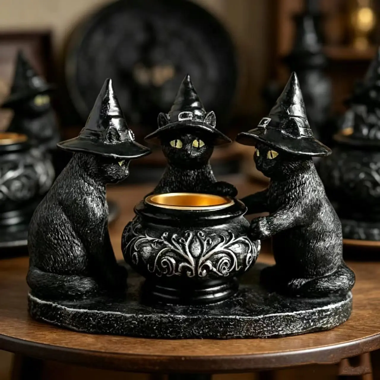Vintage Gothic Cat Candle Holder Resin Craft, Intricate Carving, Waterproof, Desk Decor, Halloween Party Decoration, Ornament Candle Holders, Home Decoration
