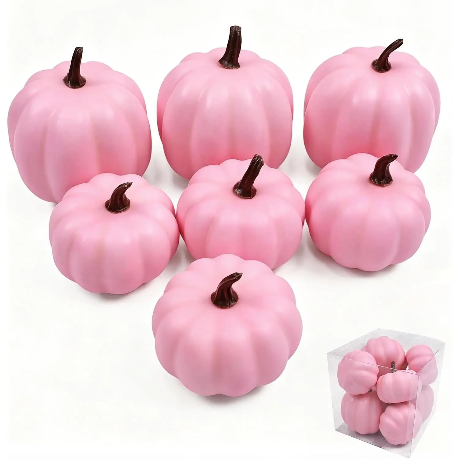 7 Pcs Pink Fake Pumpkins for Thanksgiving Table Centerpiece Foam Pink Artificial Pumpkins Decor for Fall, Halloween Dining Table & Indoor Autumn Farmhouse Decoration