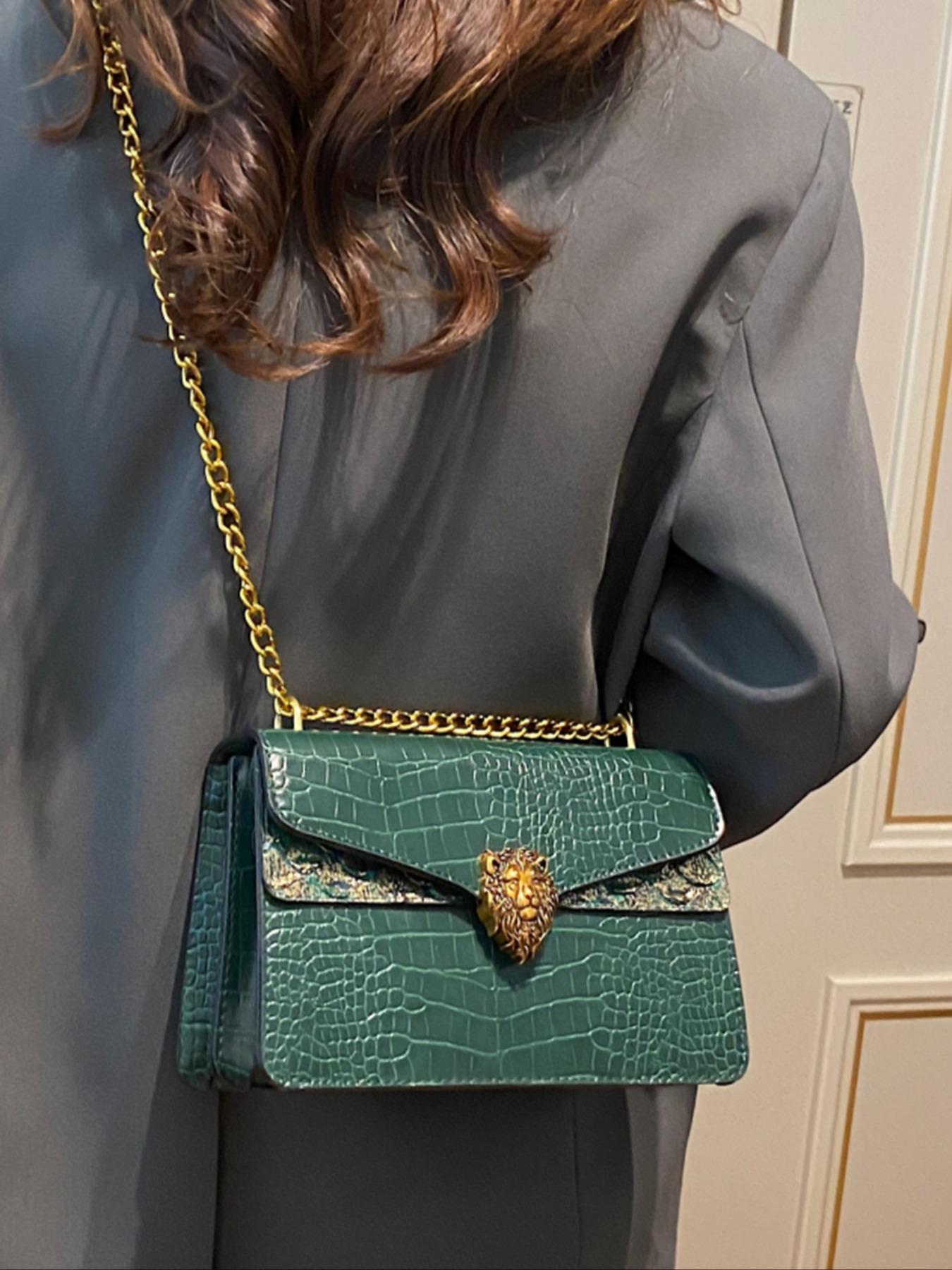 Women's Elegant Crocodile Embossed Crossbody Bag, Fashion Lion Head Decor Shoulder Bag for Daily Used, Casual Trendy Versatile High-quality Daily Commuting Bag, Chain Crossbody Bags