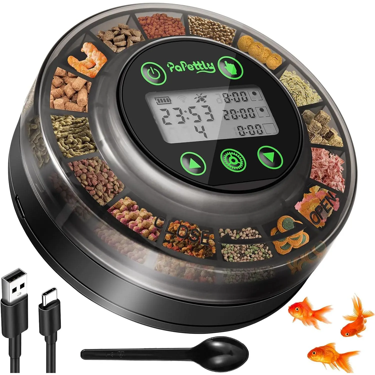 Automatic Fish Feeder for Aquarium - Auto Fish Food Dispenser for Fish Turtle Tank with USB Cable & LCD Display, Timer Fish Feeder for Vacation Weekend Holiday, with Fish Feeder Spoon
