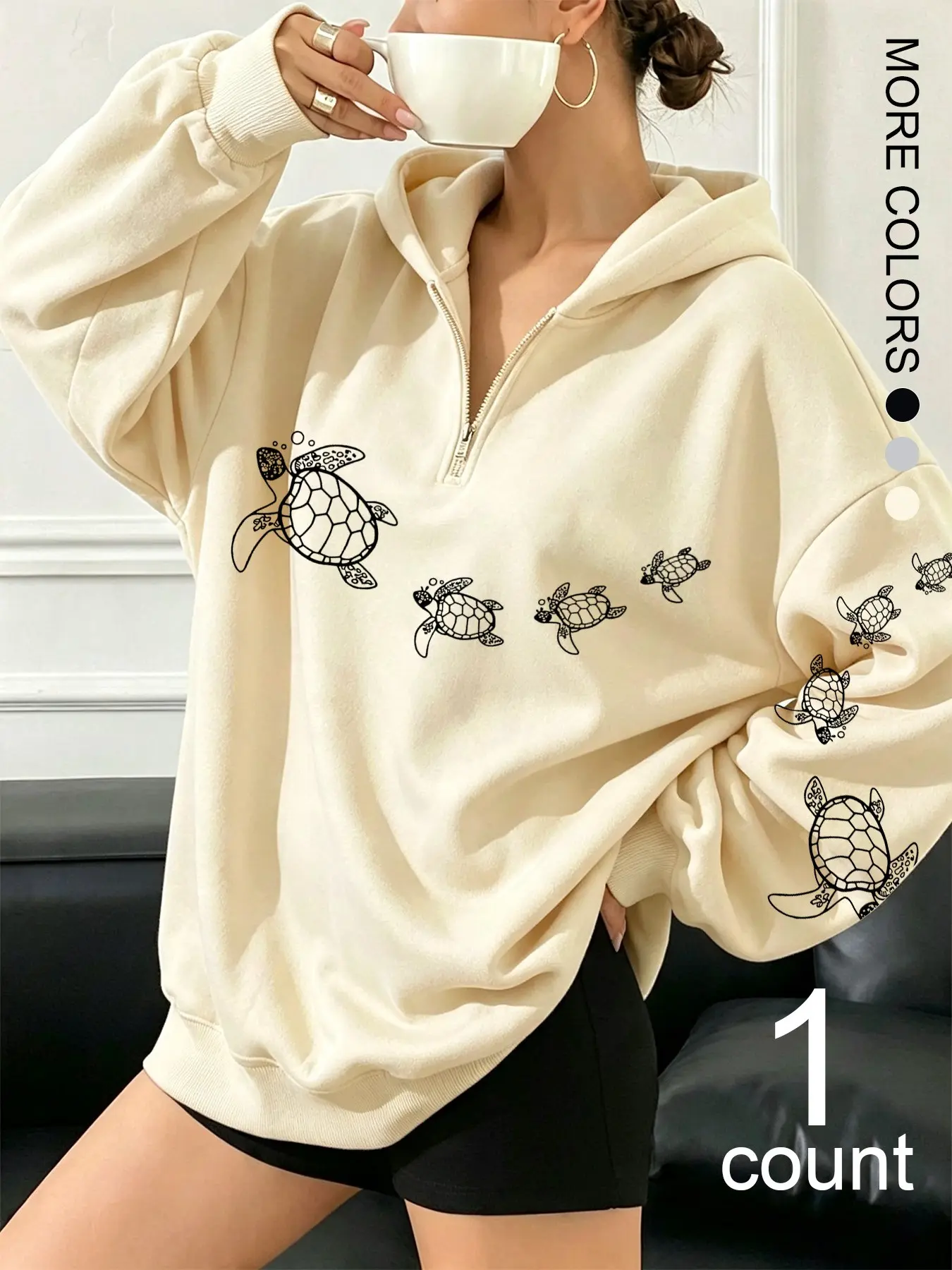 Women's Casual V-Neck Long Sleeve Hoodie, Knitwear Hoodie, Turtle Pattern, Loose-Fit, Warm and Comfortable, Perfect for Shopping and Travel