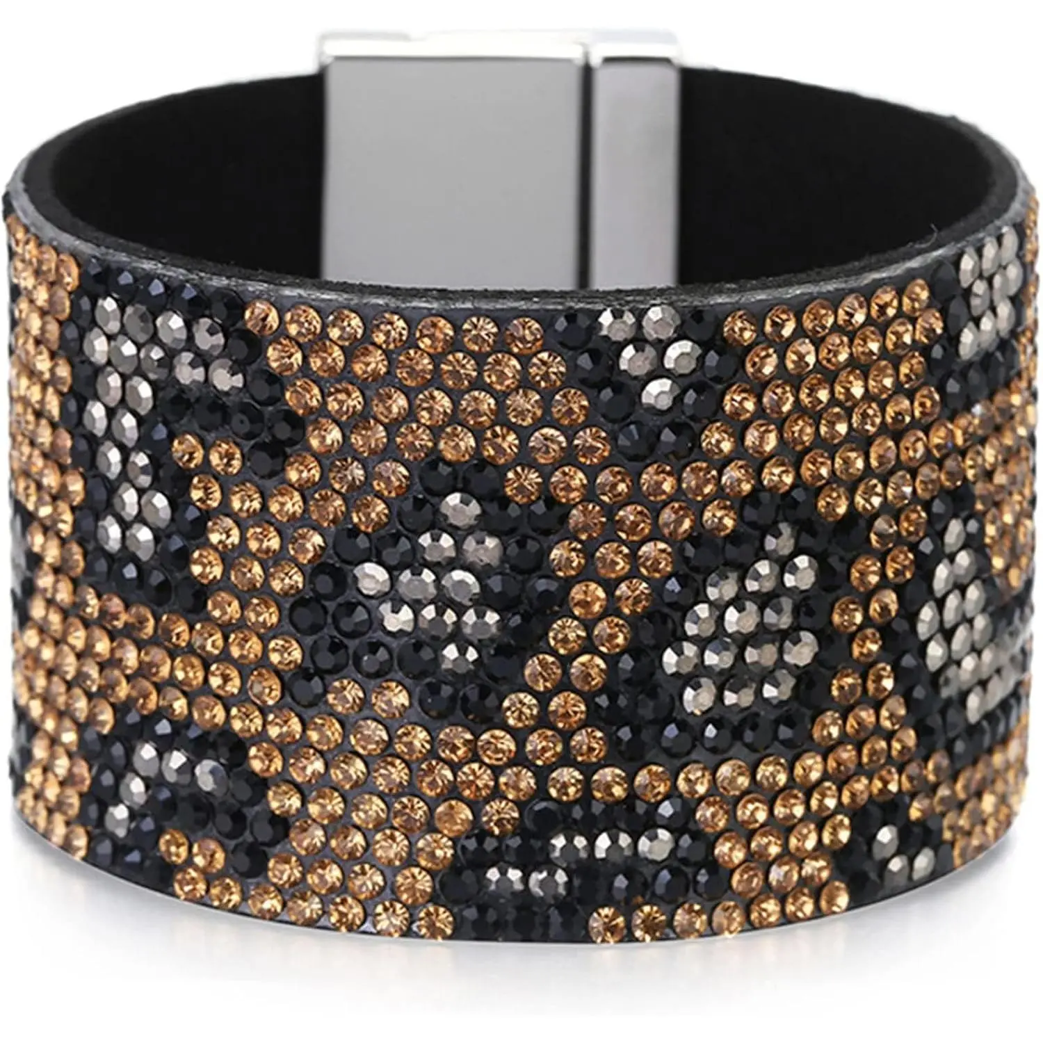 Women's Minimalist Black Rhinestone Leather Cuff Bracelet - Faceted Accents, Wide Band, Metal Closure, Fade Resistant, Ideal for Party Wear, Weddings, Proms