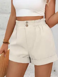 Women's High-Waisted Casual Shorts Fit, Pleated Elastic Waistband, Button Detail Front, Comfortable and Stylish Summer Wear