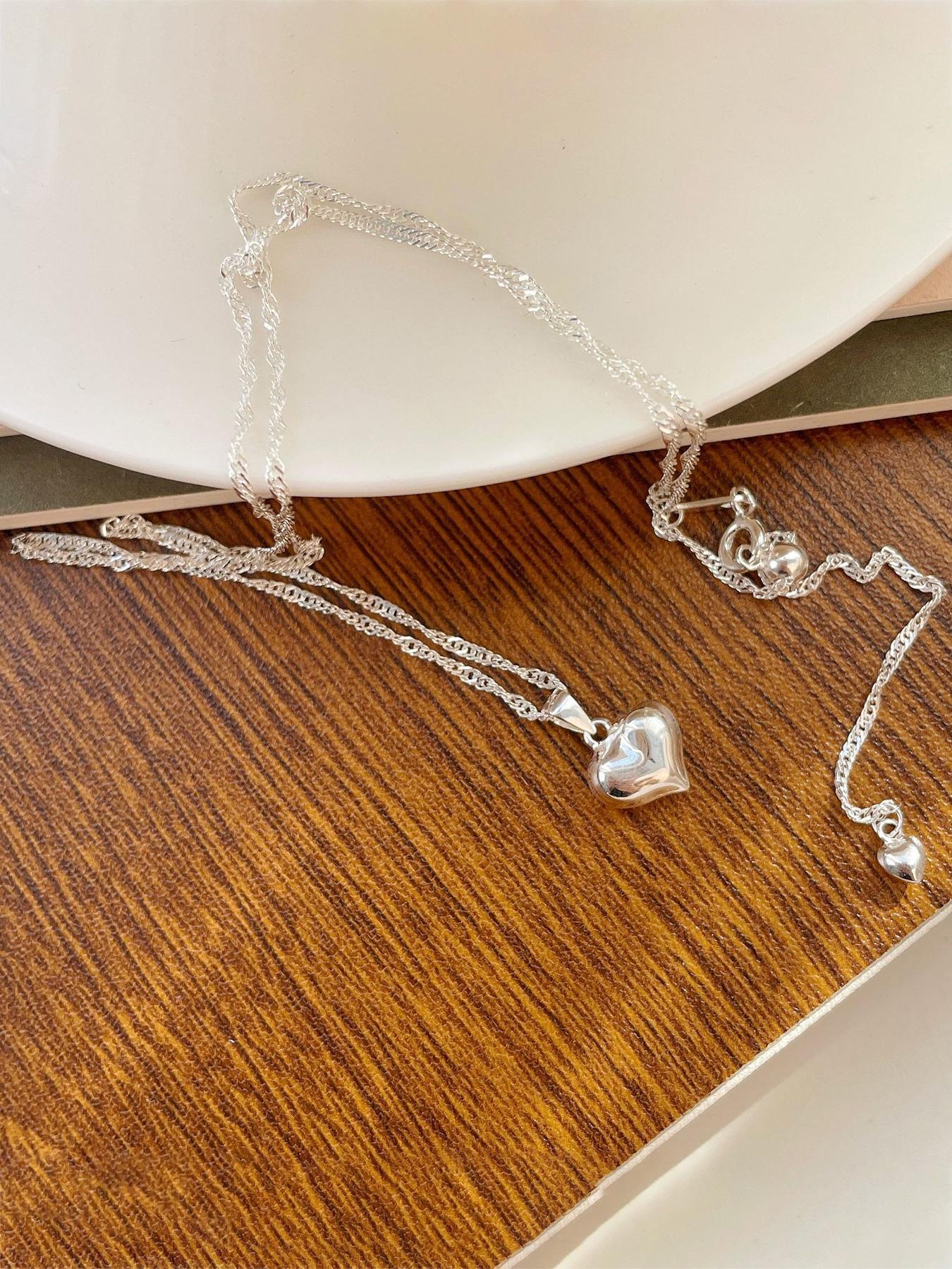 S925 Sterling Silver Heart Shaped Pendant Necklace for Women, Heart Design Necklace, Adjustable Necklace for Gift with Box, Elegant Jewelry for Daily Decor