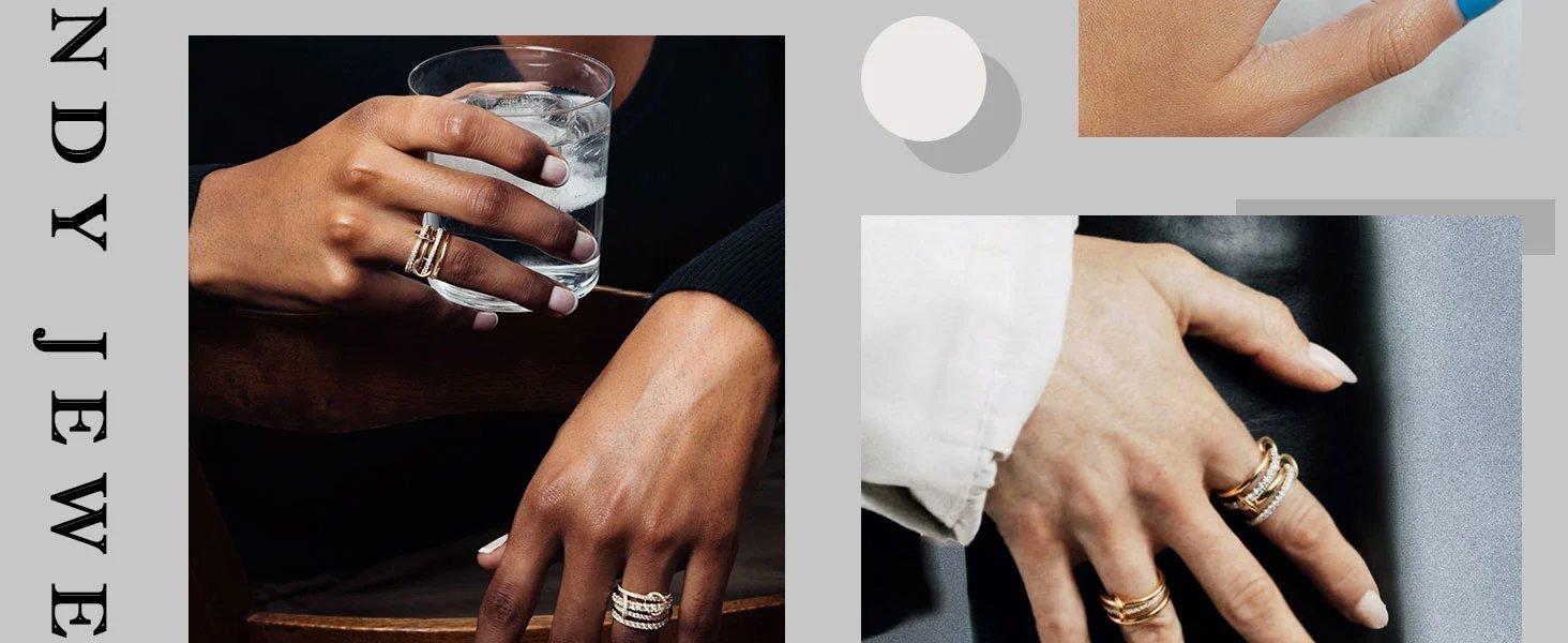 Gold Silver Stackable Rings for Women Non Tarnish 18K Gold Plated Interlocking Ring Stack Set Mixed Metals Statement Rings Dainty Cubic Zirconia CZ Trendy Fashion Chunky Connected Band Thumb Ring Size 4 5 6 7 8 9 10 11 Gold Silver Jewelry Gift for Wom