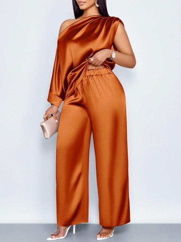 Summer Casual Women's Satin Suit with Asymmetrical Collar, Short-Sleeved Top and Long Pants Set
