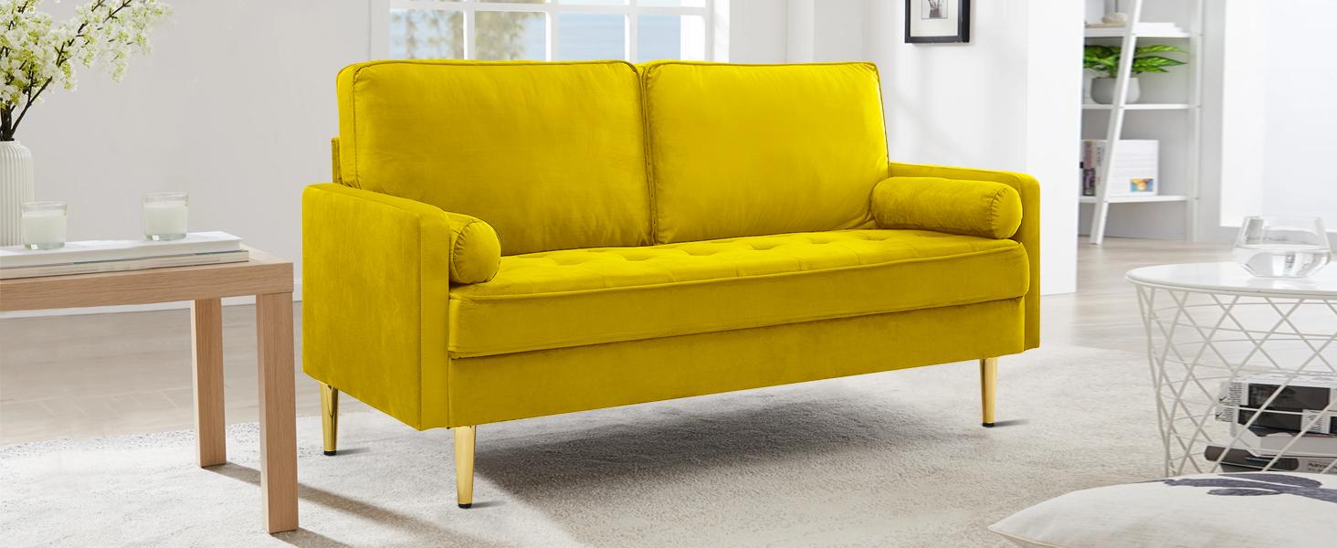 SZLIZCCC 67 Inch Modern Velvet Loveseat Sofa with Tufted Upholstered Back - Mid-Century Compact Design for Small Spaces Living Room&Bedroom (Yellow)​​