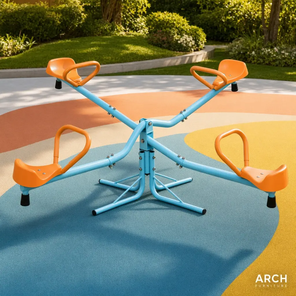 Kids Iron Pipe Spinning Seesaw - 4-Seat Sit-and-Spin Teeter Totter, Backyard Playground Equipment for Ages 3-8, Outdoor Play Gear