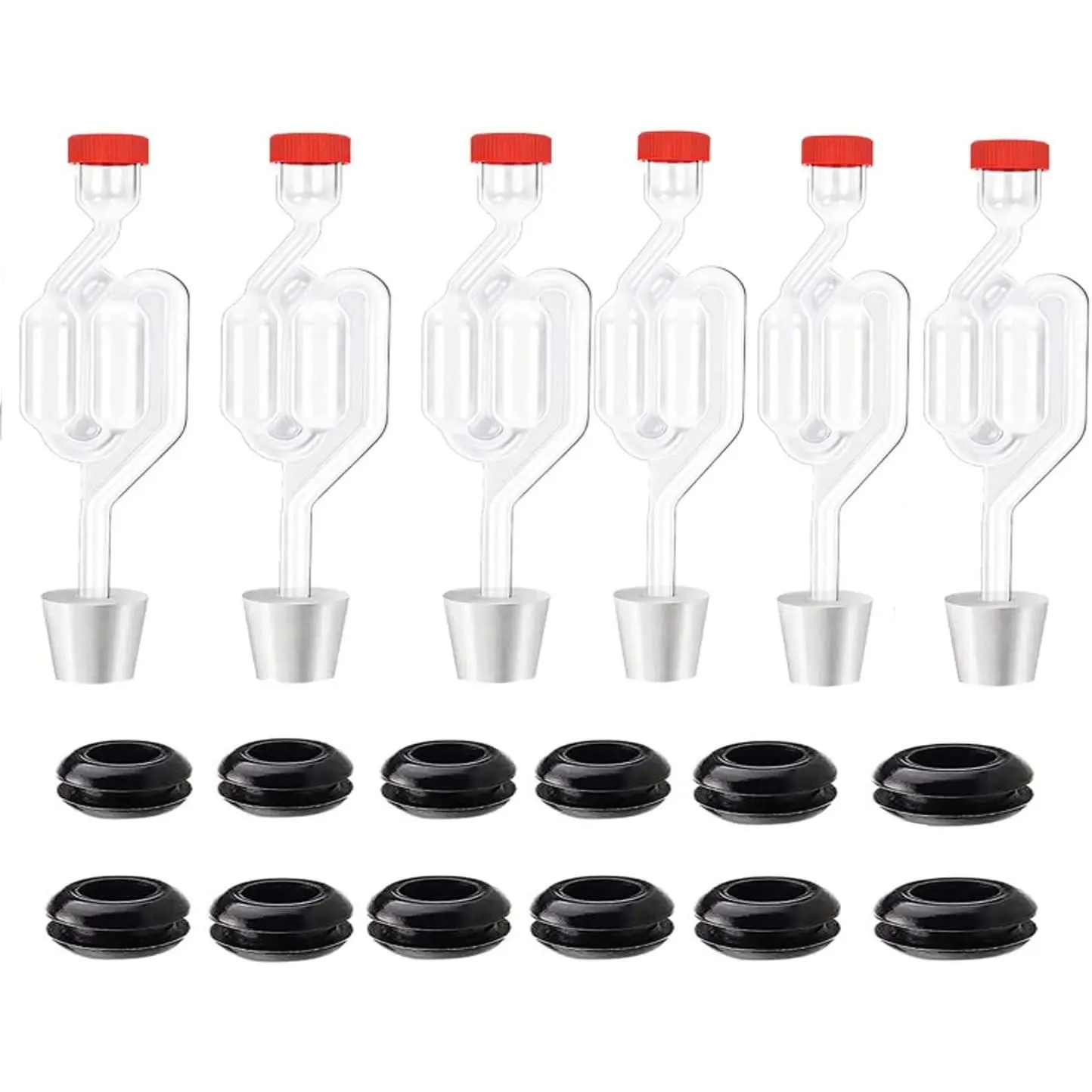 Twin Bubble Airlock Set [6 Pack], Brew Kits Airlocks for Fermenting,Fermentation Airlock with 6 Stoppers + 12 Grommets