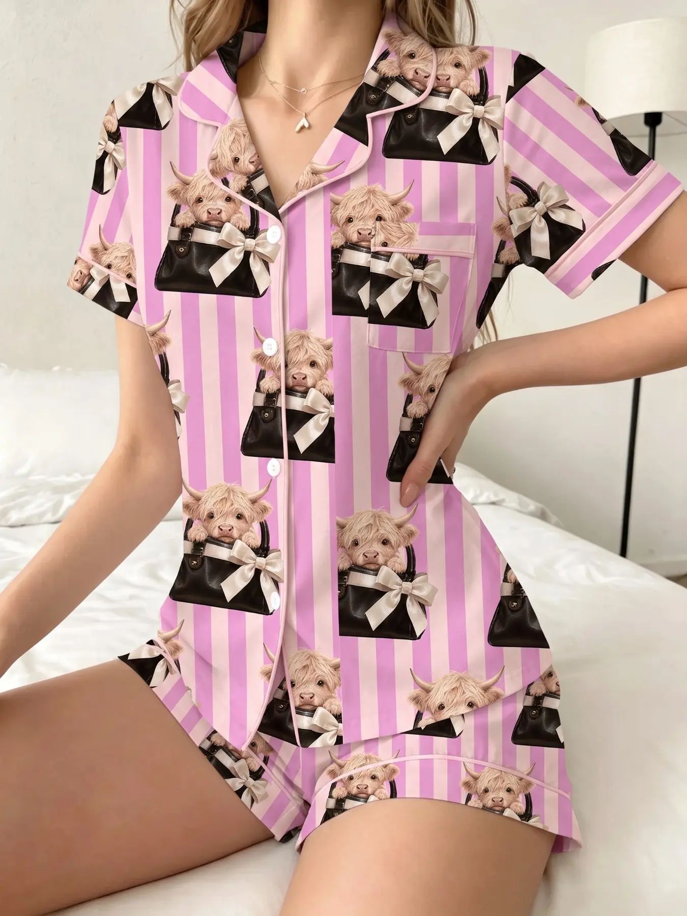 Women's Pajama Set 2-Piece, Bow Handbag Cow Pattern, Comfortable Nightwear, Loungewear, Soft Fabric, Casual Daily Wear, Fashionable Home Clothes