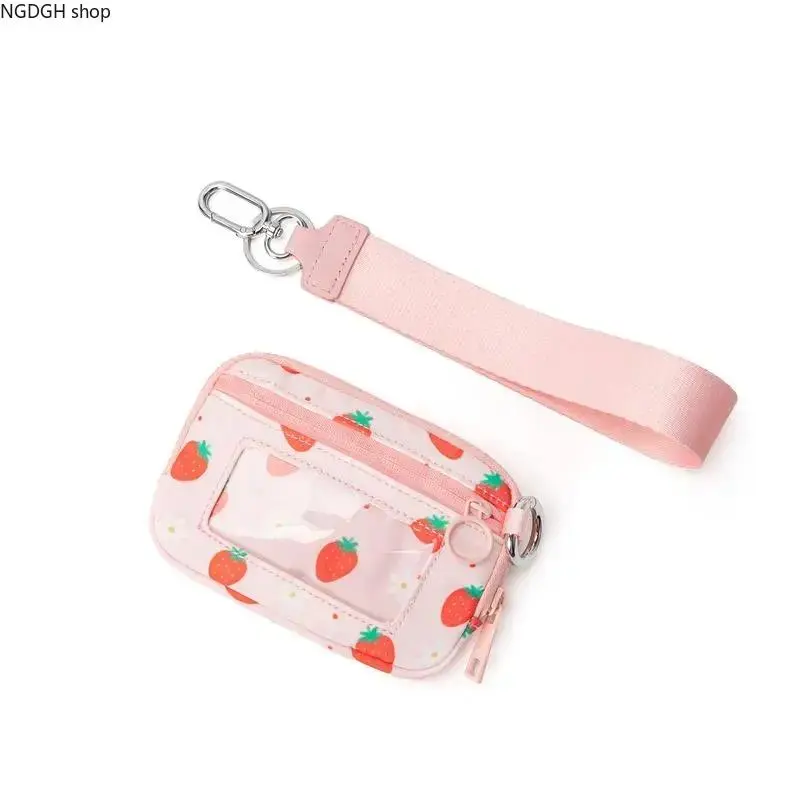 Strawberry Wristlet Pouch Clear ID Window Wallet - Trendy Pink Cute Card Holder with Detachable Strap & Multiple Compartments, Lightweight Waterproof Organized Design Perfect for Beach Vacation Daily Errands & Summer Travel Getaways