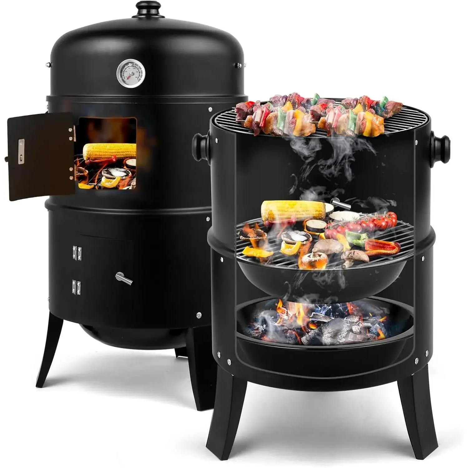 Pinehome Vertical Steel Charcoal BBQ Smoker - 3-in-1 2-Layer Portable Barbecue Grill Cooker with Handles, Built-in Thermometer, Meat Cooking Capability for Backyard Grilling, Camping