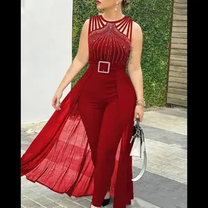 Black sleeveless tie-strap rhinestone design waist-hugging mesh mop jumpsuit(Sheets)