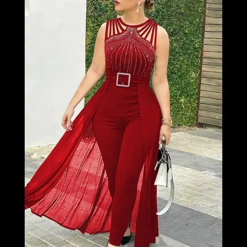Women's Fitted Black Sleeveless Tie-Strap Rhinestone Mesh Jumpsuit Rompers - Waist-Hugging Evening Women's Clothing Set