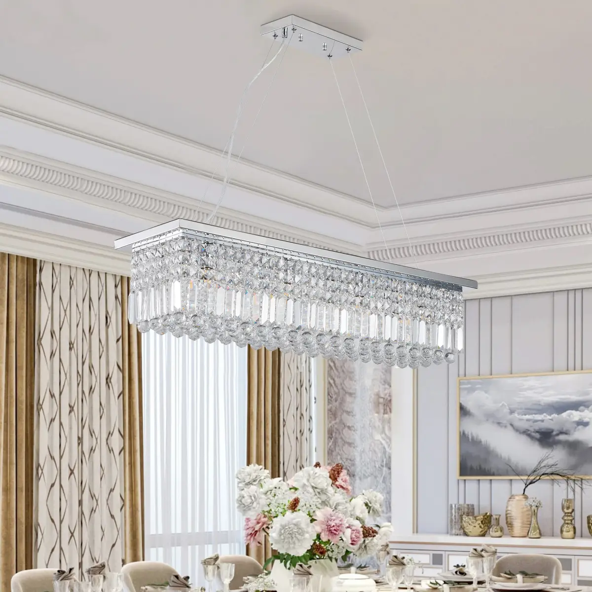 39.4 in Modern Rectangular Raindrop Crystal Chandelier - 8 E12 Sockets, White Iron Frame, Easy DIY Mount Indoor Pendant Light for Dining Room, Kitchen Island, Hotel (Bulbs Not Included, Raindrop Shape), Indoor Use