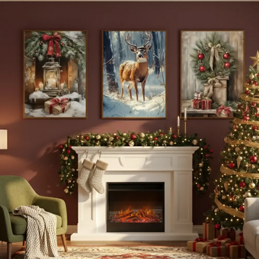 3pcs Frameless Winter Christmas Tree Snowman Reindeer Wall Art Canvas Painting, New Year Holiday Poster, Living Room Bedroom Decor