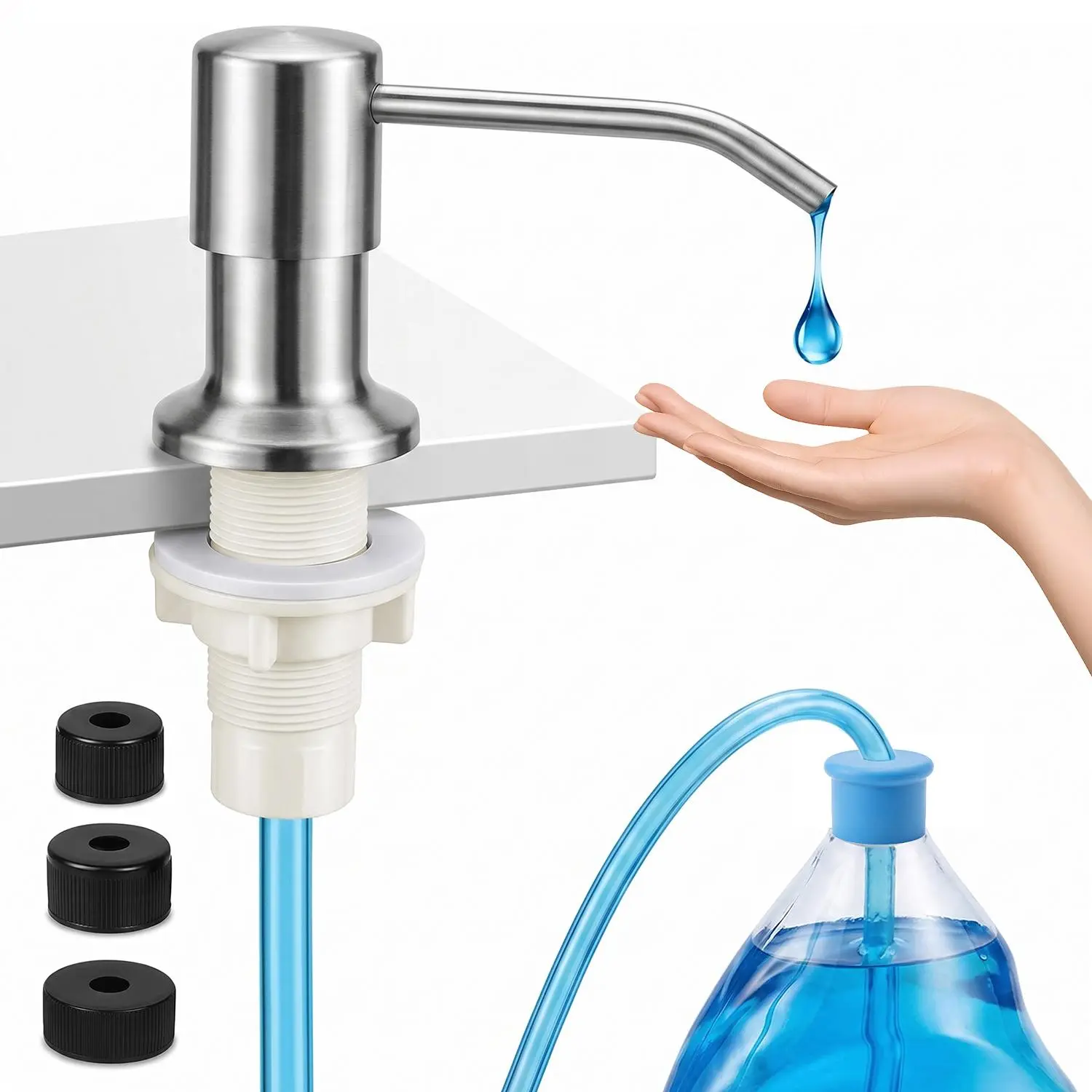 Soap Dispenser for Kitchen Sink, Brushed Nickel Soap Dispenser Stainless Steel Countertop Dish Soap Dispenser Water Pump with 47" Extension Tube Kit