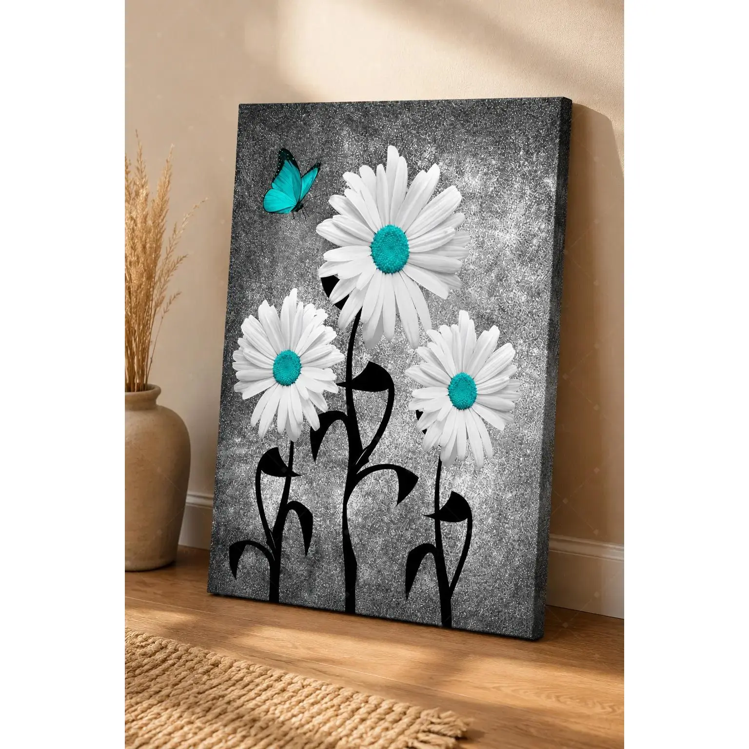 White Daisy Teal Butterfly Grey Glitter Texture Canvas Art poster wall decor, Modern Floral Butterfly Wall Decor Bedroom Bathroom Contemporary Farmhouse Home Decor