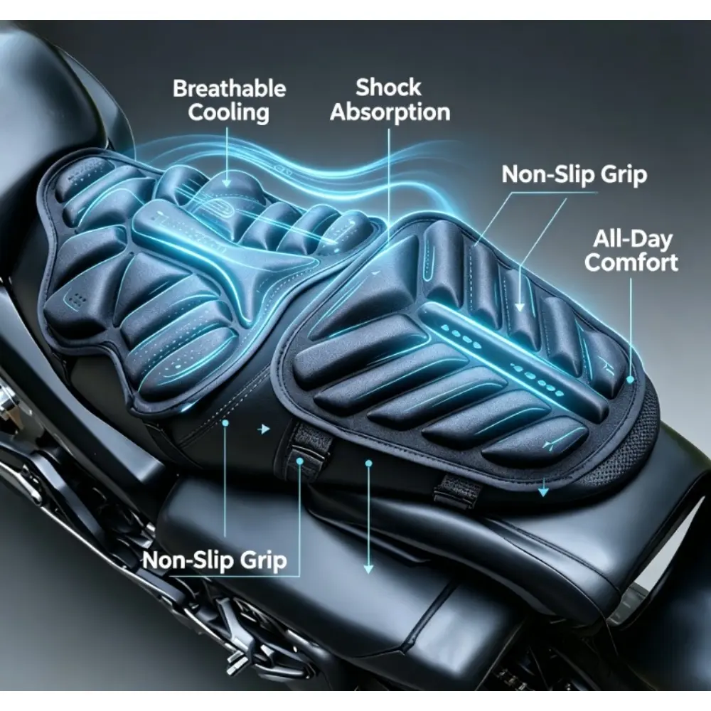 Universal Motorcycle Seat Cushions (Front & Rear) – Shock-Absorbing, Breathable, Non-Slip Lycra Material; Suitable for Motorcycles and Scooters