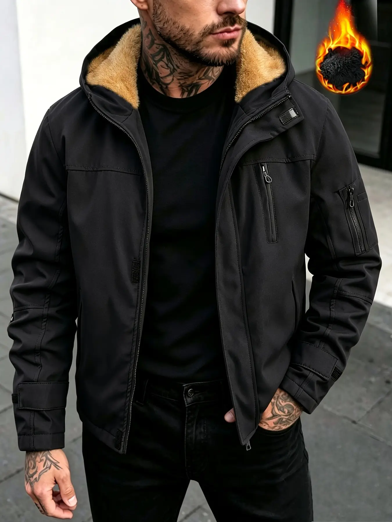 Men's Solid‑Color Thickened Hooded Coat, Loose Fleece‑Lined Workwear Padded Jacket, Autumn Loose Outdoor Sports Zipper Jacket With Pocket Design, Men's Top