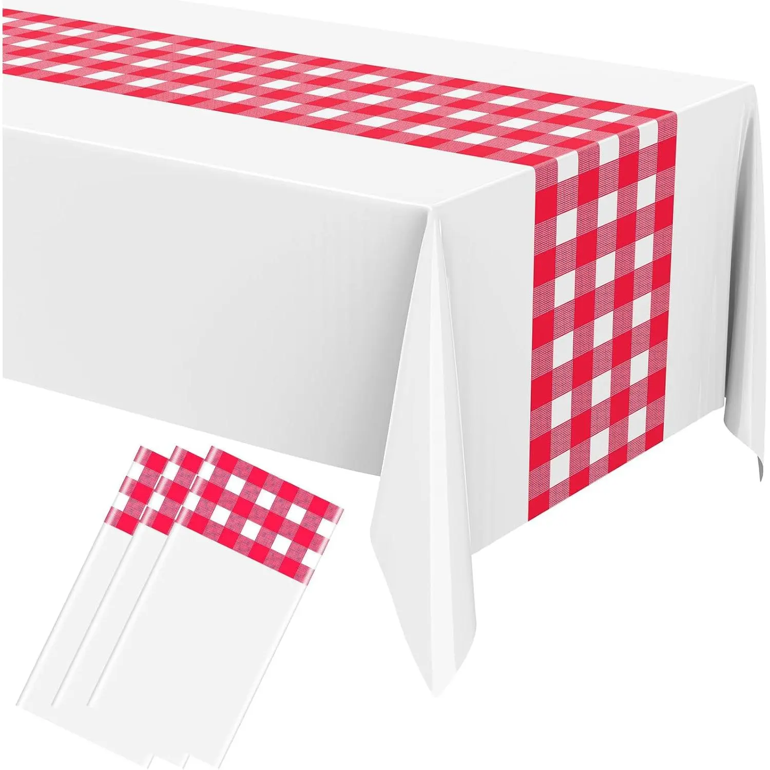 Red White 3 count Checkered Tablecloth Disposable 108 x 54 Inch  Plastic Tablecover with Retro Gingham Table Runner Rectangle Table Cover for Picnic Birthday  Shower Party