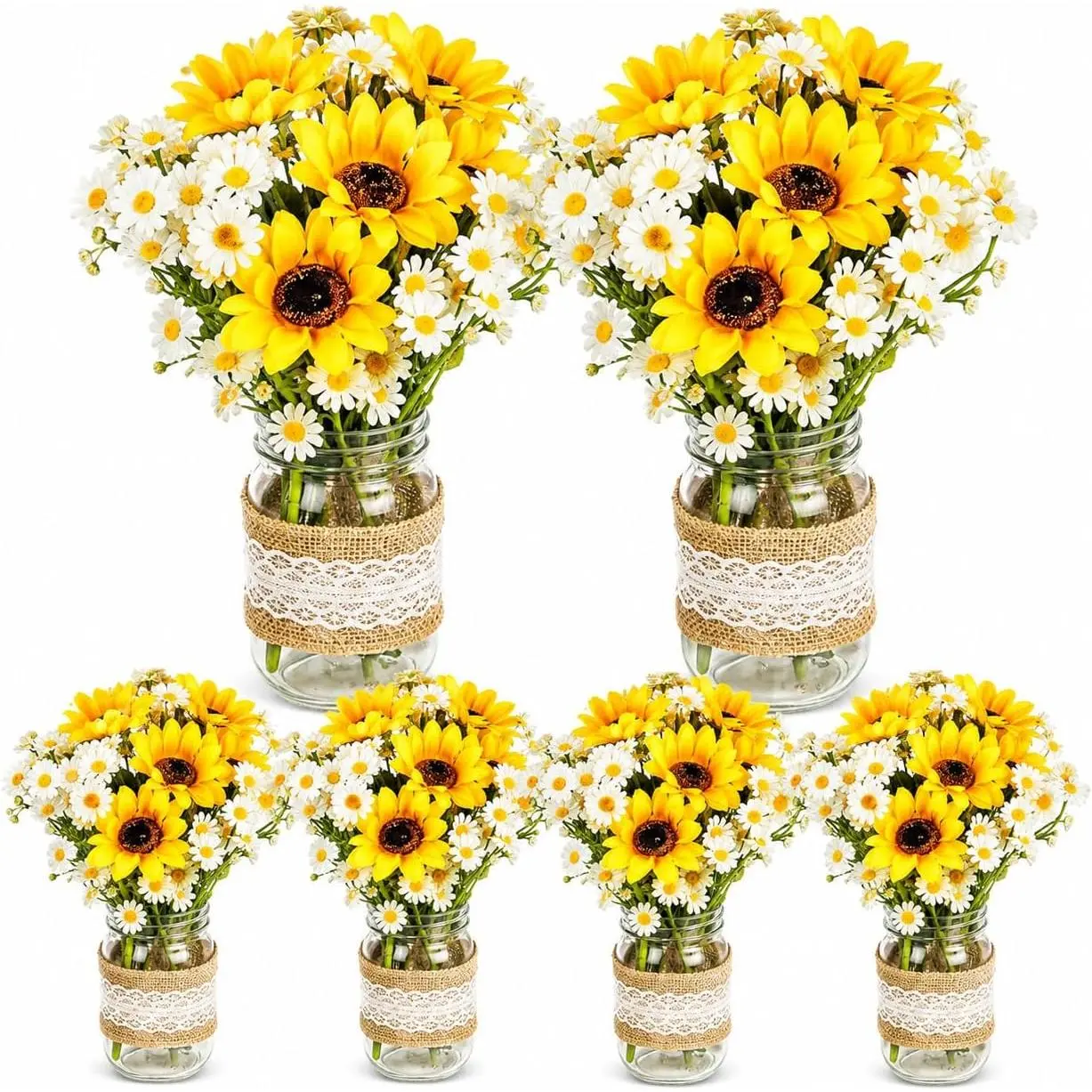 6 Sets Sunflower Mason Jar Table Centerpiece Faux Floral with Rope Boho Rustic Flower Mason Jar Vases Reception with Accessories for Engagement Party Bridal  Shower Wedding Table Decor