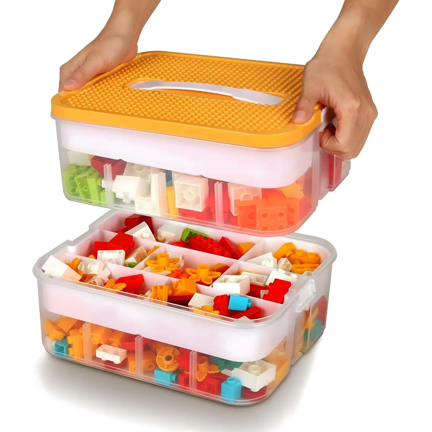 2-Layer Kids Building Block Storage Organizer with Baseplate Lid, Clear Stackable Toy Box with Adjustable Compartments and Carry Handle