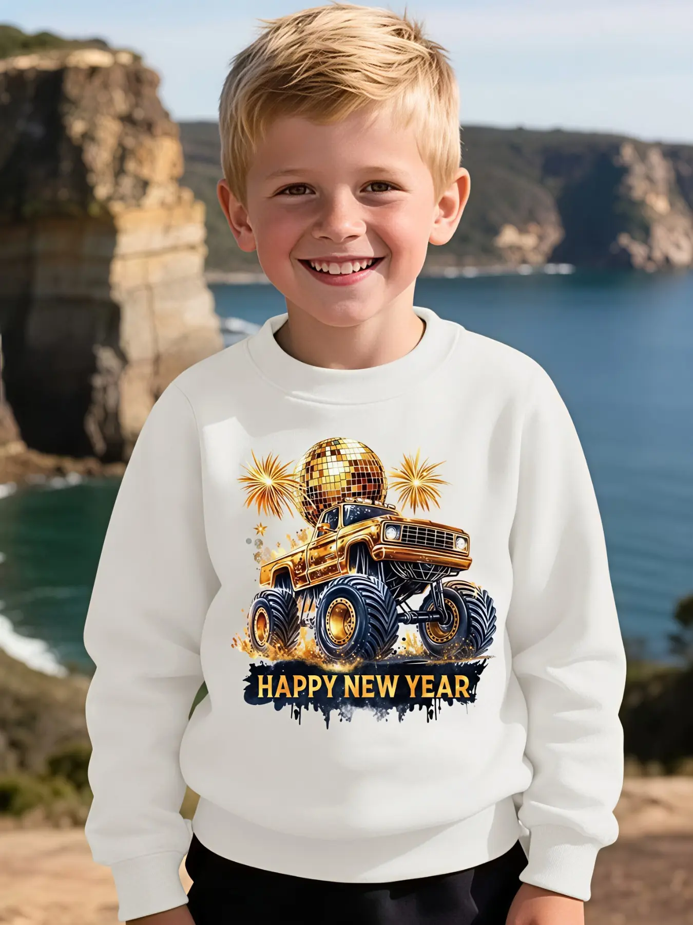 Boys Trendy Racing Truck Crew Neck Pullover Sweatshirt, Breathable Comfort Stretch Fabric, Versatile Kids Top for Short Trips and Neighborhood Strolls