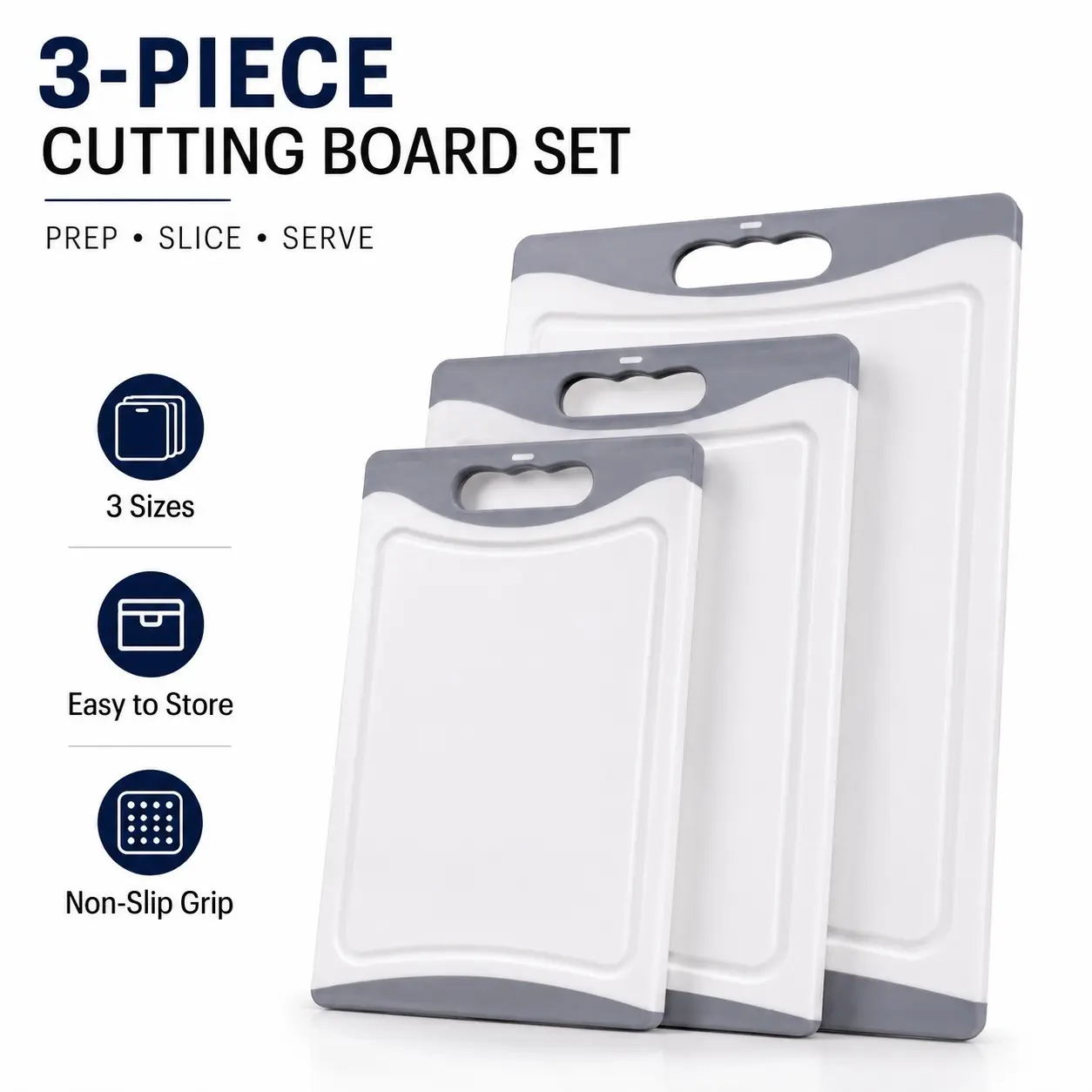 3Pcs Thick Plastic Durable Cutting Boards Set Multi-purpose Kitchen Chopping Boards For Meat Fruit Veggies Portable Travel Camping Cutting Board Non-Slip Easy Clean
